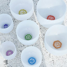 Load image into Gallery viewer, Set Of 7 Chakra Frosted Quartz Crystal Singing Bowls + Carry Bags
